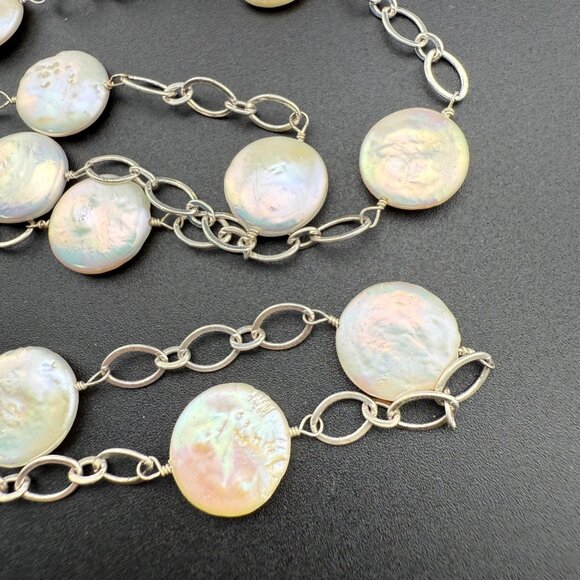 Coin Pearl Necklace Single Strand With Silver-Tone Chain Elegant - Picture 7 of 11